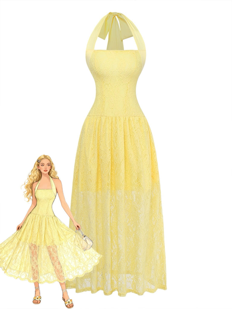 1950s Backless Lace Solid Halter Dress - vintage dress, retro fashion, rockabilly, pin-up fashion for vintage lovers