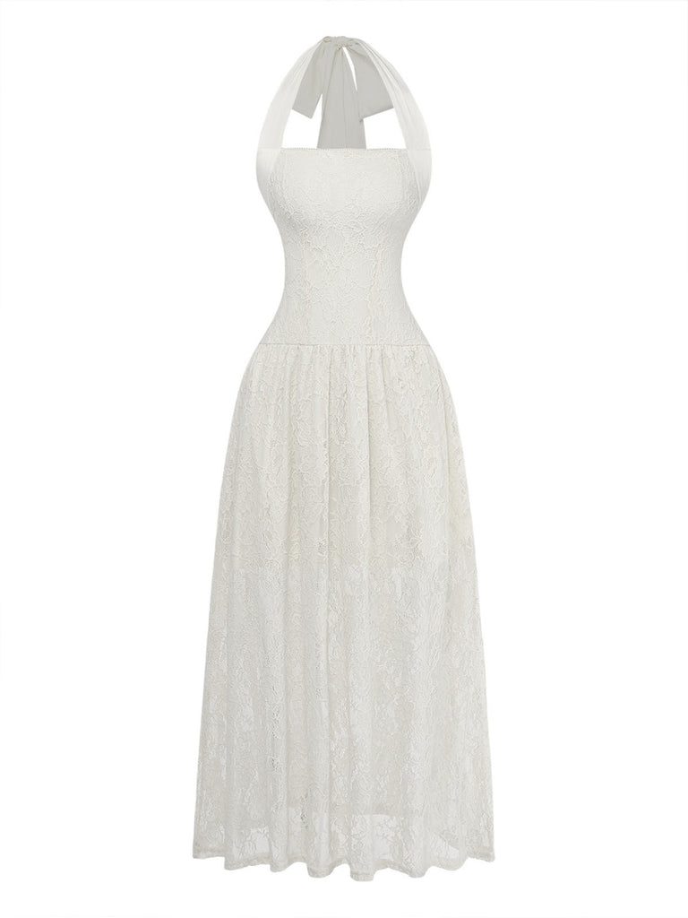 1950s Backless Fitted Waist Halter Solid Long Dress