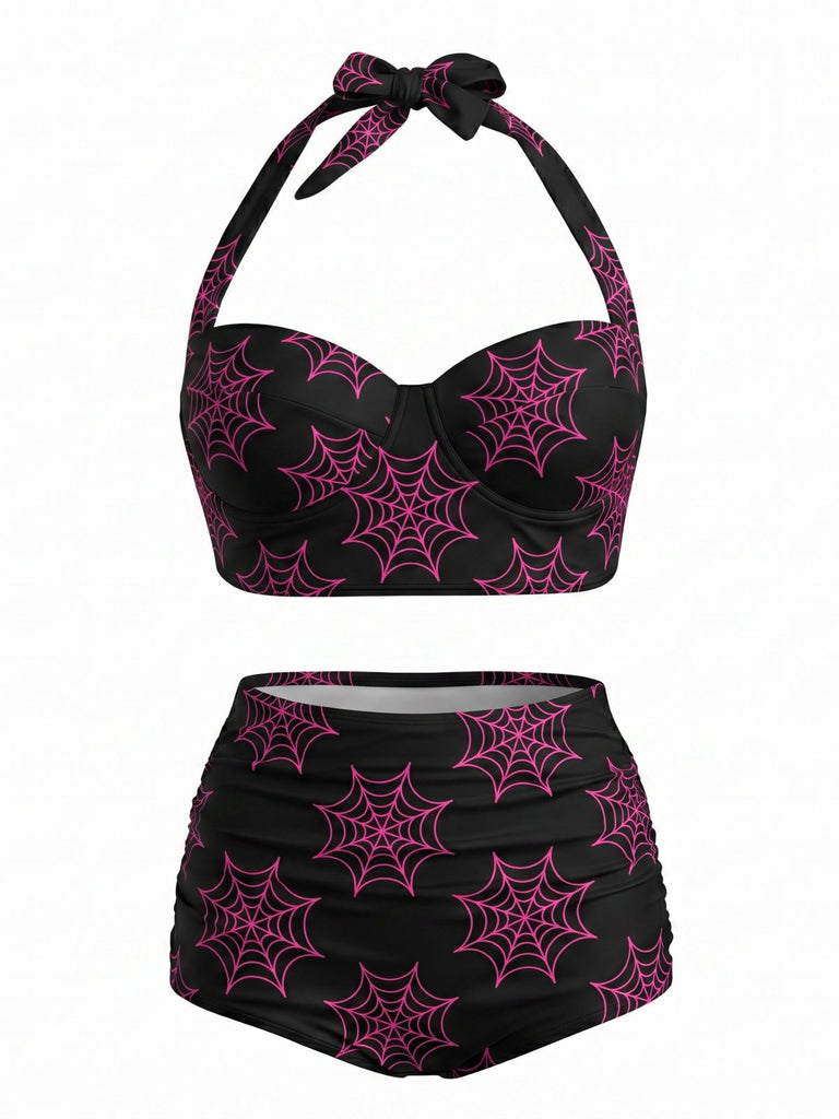 Pink 1950s Bat Print Lace-Up Halter Swimsuit, vintage swimsuit, pin-up swimwear - perfect for women who love vintage and retro fashion