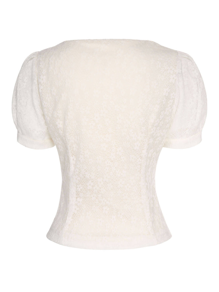 1950s Beige Lace Puff Sleeve Button Blouse, vintage top, retro blouse - perfect for women who love vintage and retro fashion