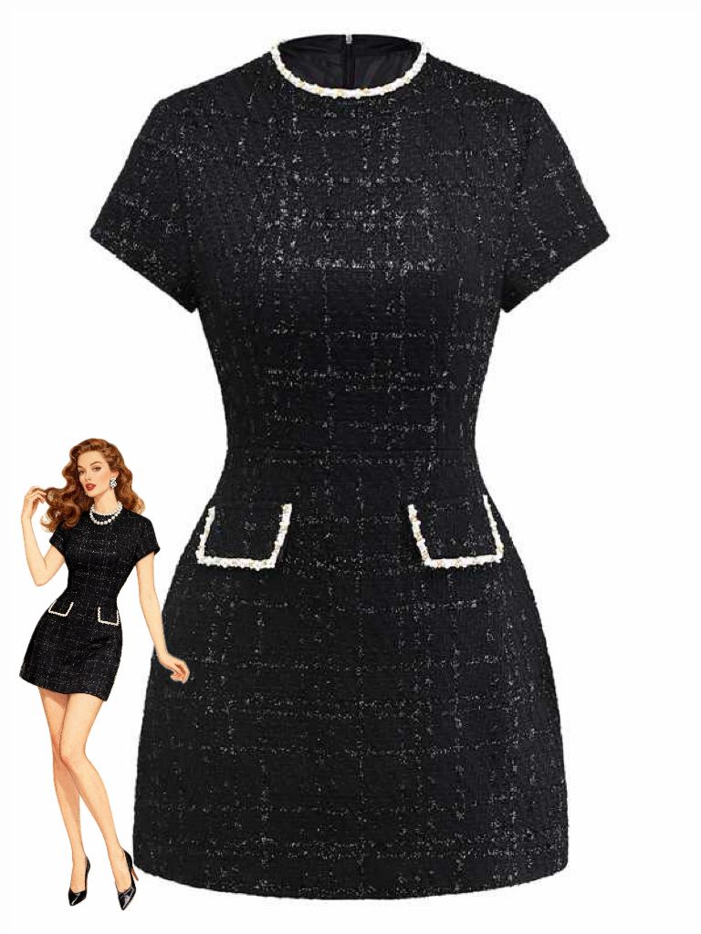 1950s Binding Pearl-Trimmed Collar Tweed Dress - vintage dress, retro fashion, rockabilly
