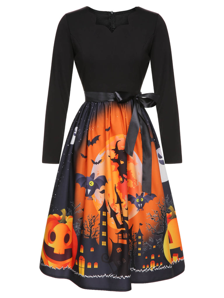 1950s Black Halloween Long Sleeve Swing Dress, vintage dress, retro fashion, rockabilly, pin-up fashion - perfect for women who love vintage and retro fashion