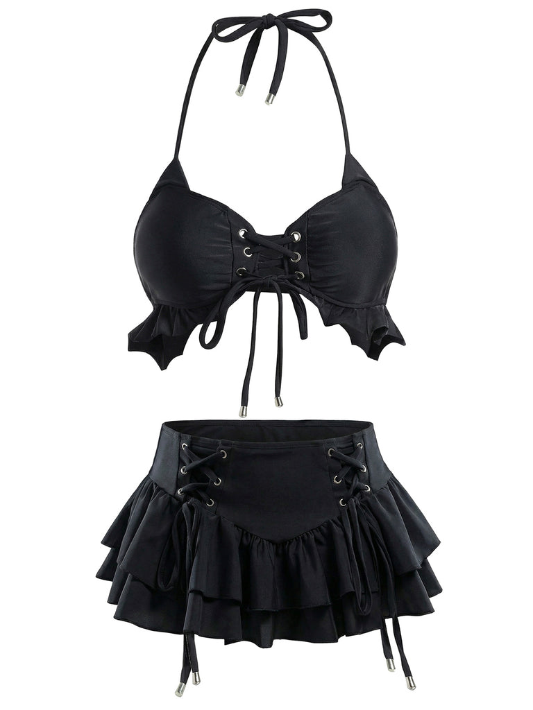 Black 1950s Halter Lace Up Bikini Set & Tiered Cover Up - vintage fashion, retro style, classic black