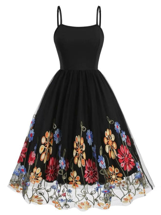 1950s Black Mesh Floral Embroidered Dress - vintage dress, retro fashion, rockabilly