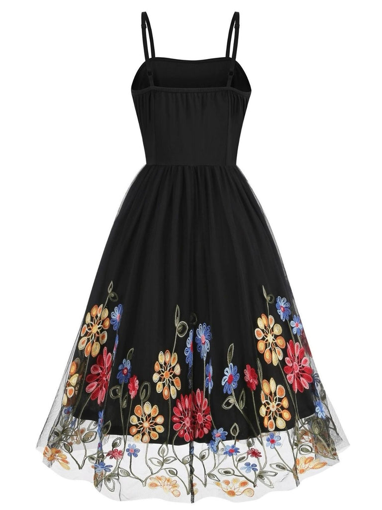 1950s Black Mesh Floral Embroidered Dress - vintage dress, retro fashion, rockabilly