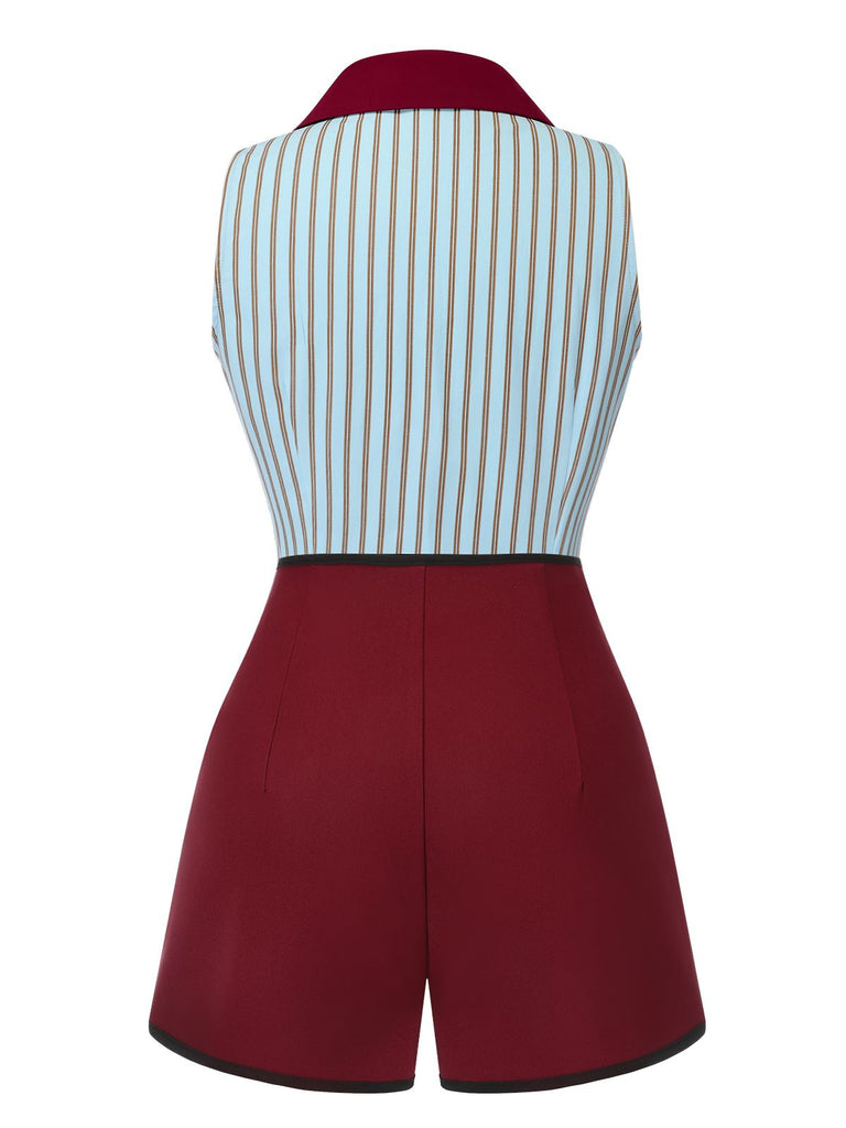 2PCS 1950s Blue Stripes Patchwork Blouse & Red Solid Shorts - vintage fashion, retro style, elegant red