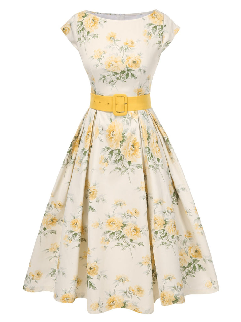 1950s-Boat-Neck-Belted-Floral-Dress, vintage, retro, dress
