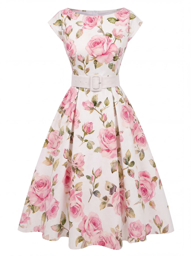 1950s-Boat-Neck-Belted-Floral-Dress, vintage, retro, dress