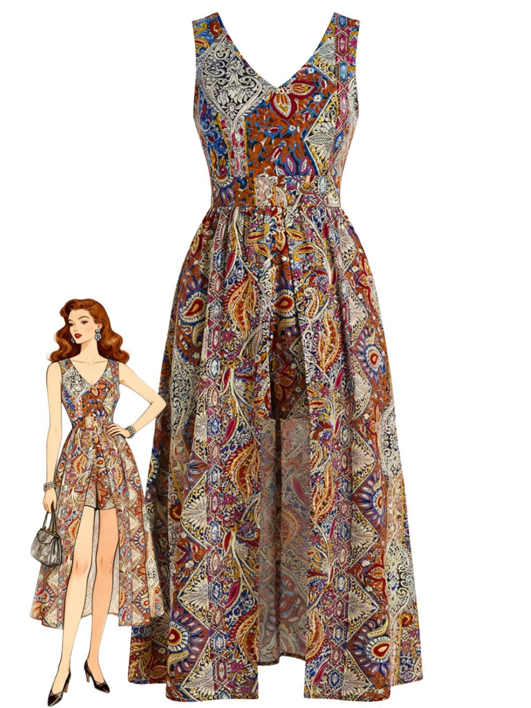 1970s Bohemian Paisley V-Neck Sleeveless High-Low Romper - vintage romper, retro jumpsuit for vintage lovers