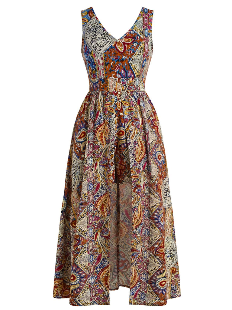 1970s Bohemian Paisley V-Neck Sleeveless High-Low Romper - vintage romper, retro jumpsuit for vintage lovers