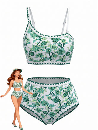 1950s Print High Waist Two Piece Bikini Set