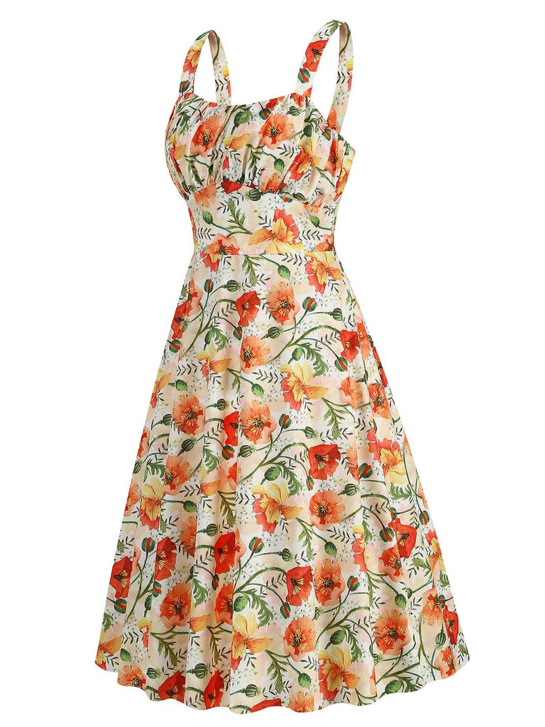 She slips into this 1950s Botanical Print Strap High Waist Dress and suddenly it's a 1950s daydream