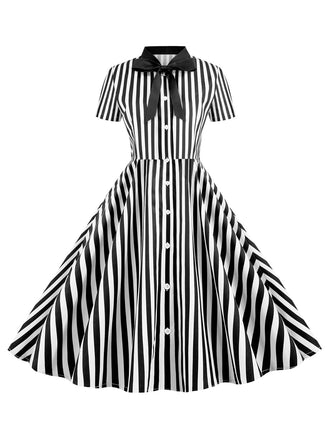 1950s Bow Collar Striped Dots Swing Dress, vintage dress, retro fashion, rockabilly, pin-up fashion - perfect for women who love vintage and retro fashion