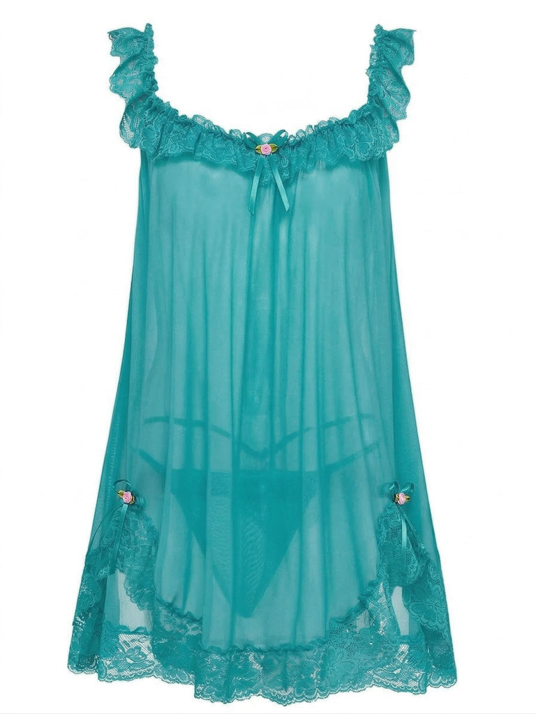 1950s Bow Lace Trim Sheer Mesh Babydoll Nightgown - vintage nightgown, retro sleepwear