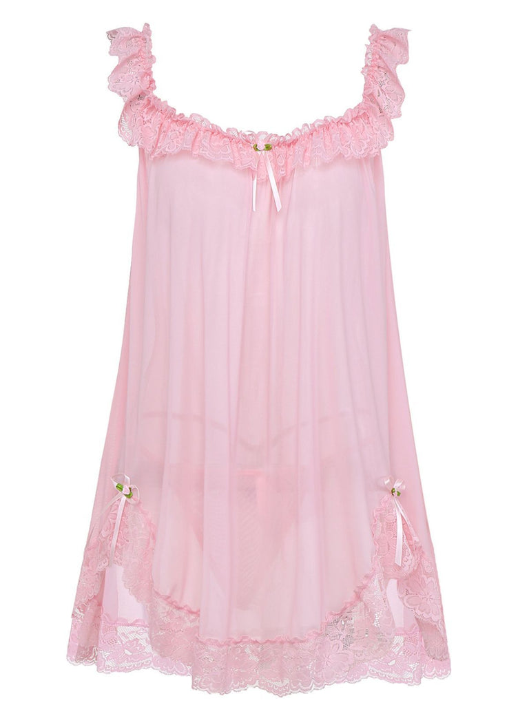 1950s Bow Lace Trim Sheer Mesh Babydoll Nightgown - vintage nightgown, retro sleepwear
