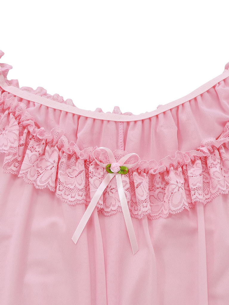 1950s Bow Lace Trim Sheer Mesh Babydoll Nightgown - vintage nightgown, retro sleepwear
