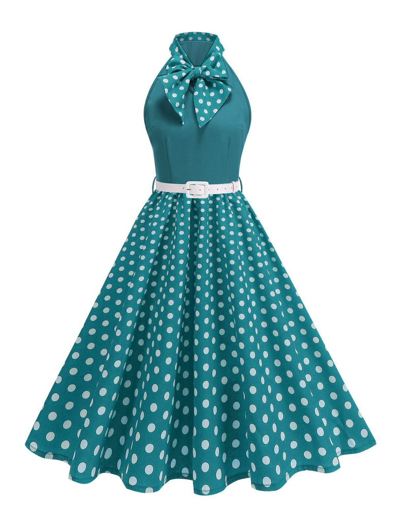 1950s Bow Tie Neck Polka Dot Belted Dress - vintage dress, retro fashion, rockabilly