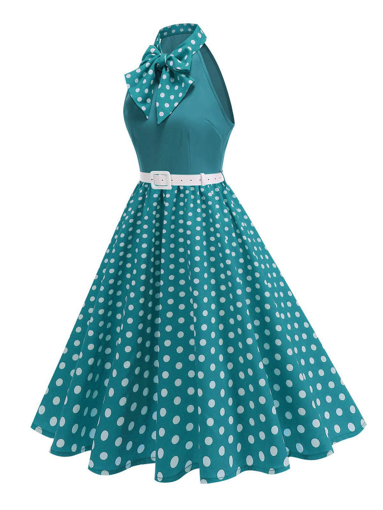 1950s Bow Tie Neck Polka Dot Belted Dress - vintage dress, retro fashion, rockabilly