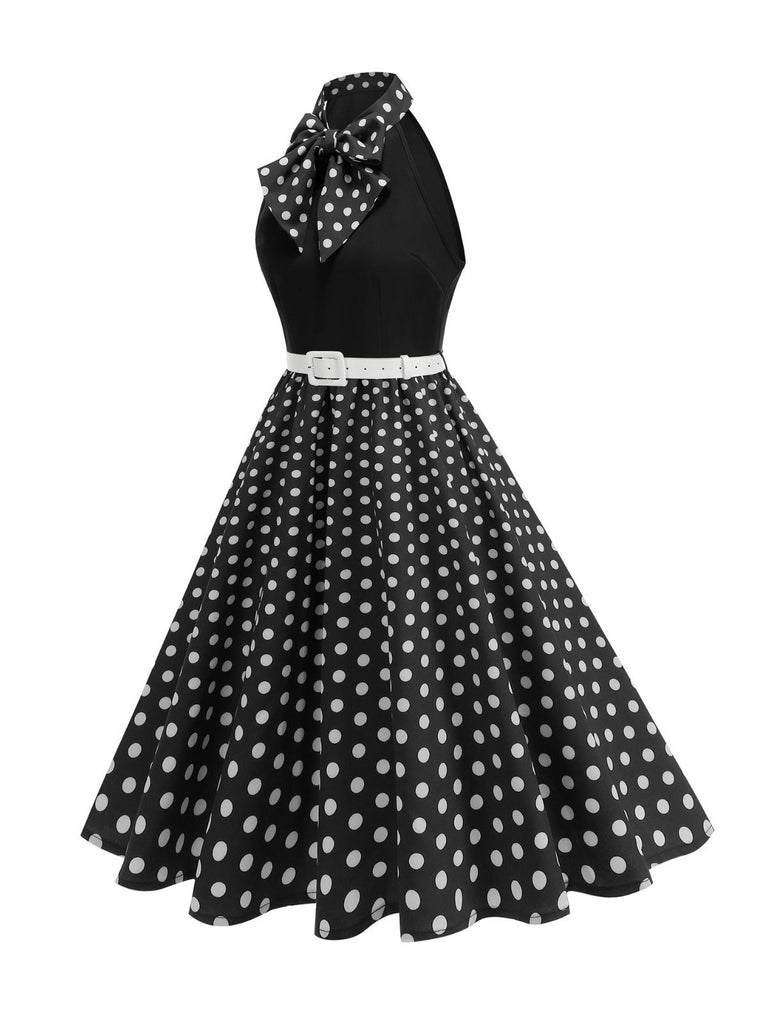 1950s Bow Tie Neck Polka Dot Belted Dress - vintage dress, retro fashion, rockabilly