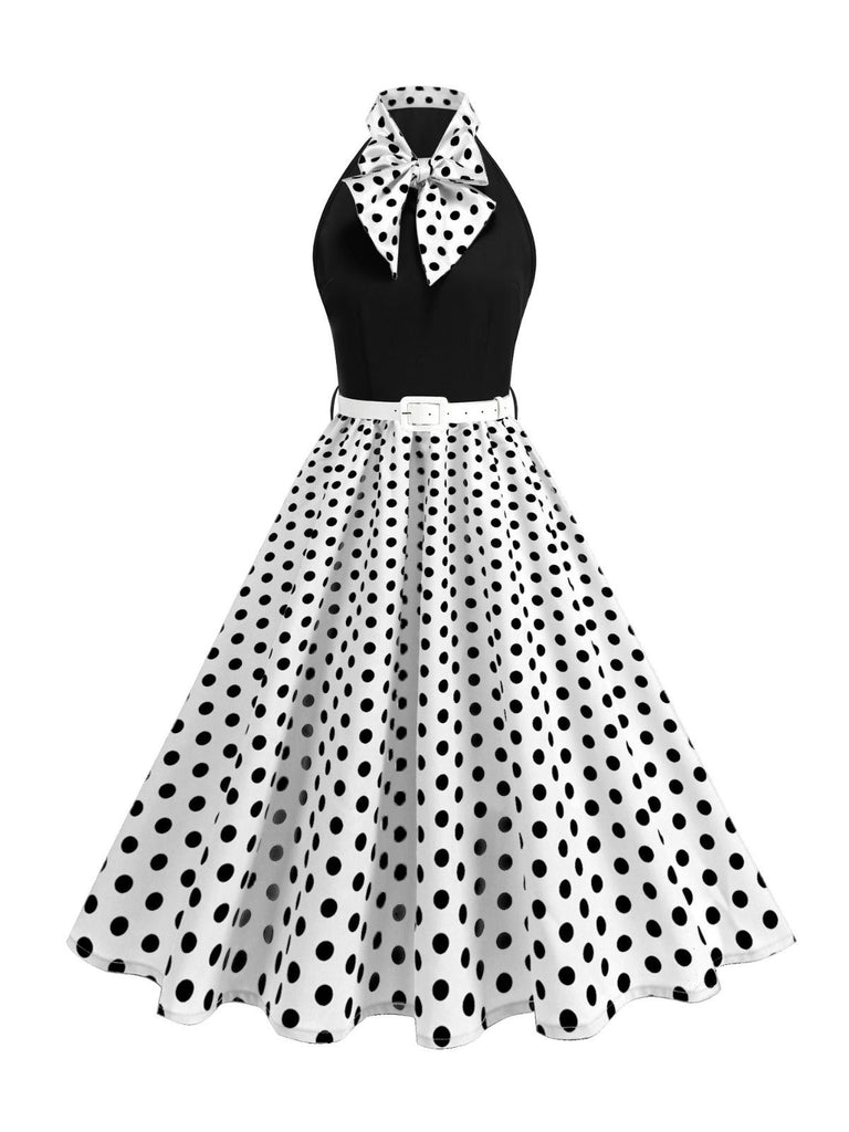 1950s Bow Tie Neck Polka Dot Belted Dress - vintage dress, retro fashion, rockabilly