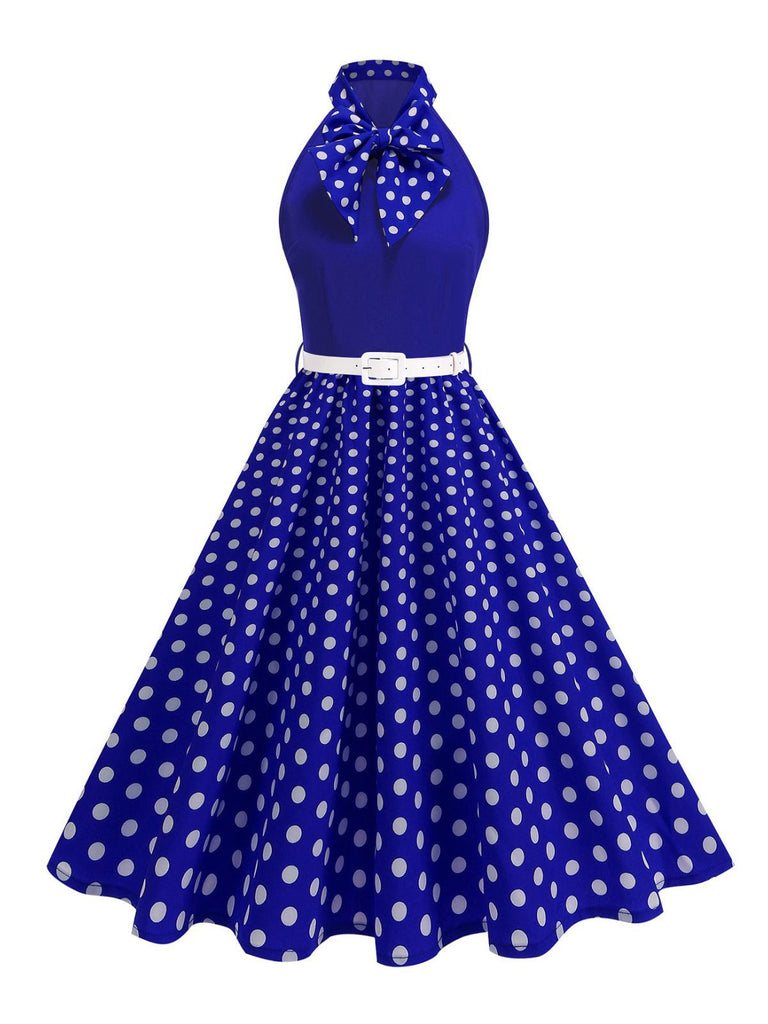 1950s Bow Tie Neck Polka Dot Belted Dress - vintage dress, retro fashion, rockabilly
