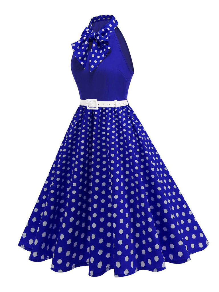 1950s Bow Tie Neck Polka Dot Belted Dress - vintage dress, retro fashion, rockabilly