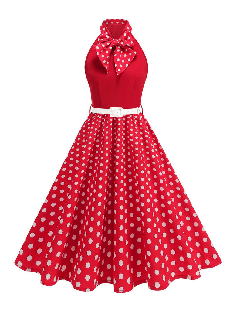 1950s Bow Tie Neck Polka Dot Belted Dress - vintage dress, retro fashion, rockabilly