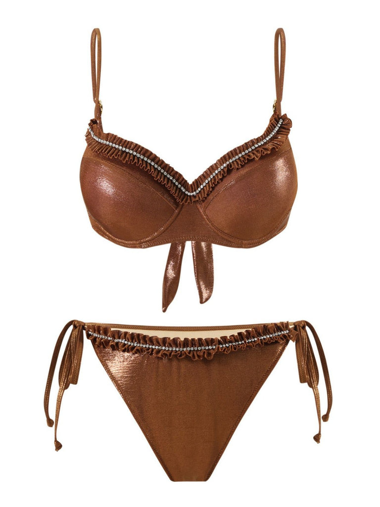 Brown 1950s Shiny Rhinestones Headed Ruffle Bikini Set - vintage fashion, retro style