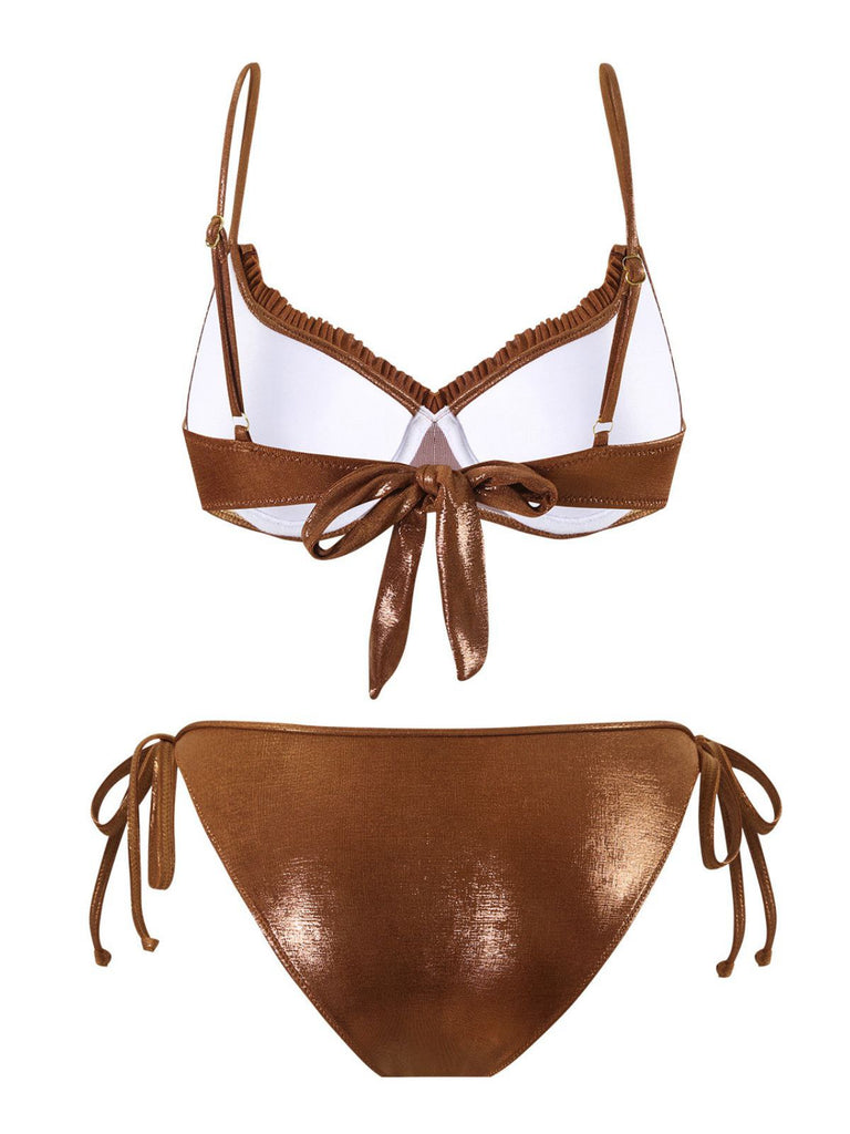 Brown 1950s Shiny Rhinestones Headed Ruffle Bikini Set - vintage fashion, retro style