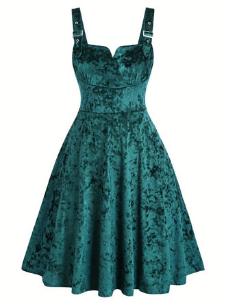 1950s Buckle Strap Velvet Sleeveless Dress - vintage dress, retro fashion, rockabilly