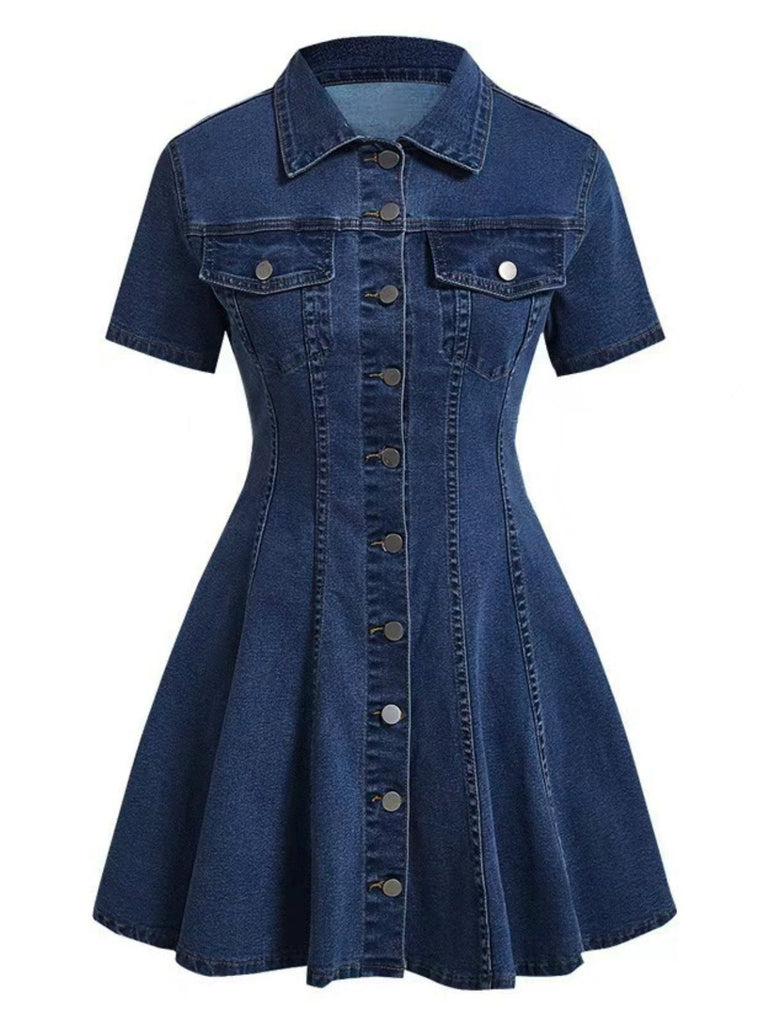Blue 1950s Button Lapel Short Sleeve Denim Dress, vintage dress, retro fashion, rockabilly, pin-up fashion - perfect for women who love vintage and retro fashion