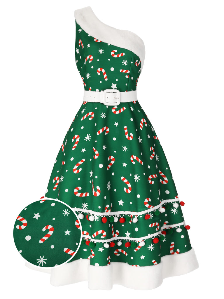 Green 1950s Candy Cane One-Shoulder Dress, vintage dress, retro fashion, rockabilly, pin-up fashion - perfect for women who love vintage and retro fashion