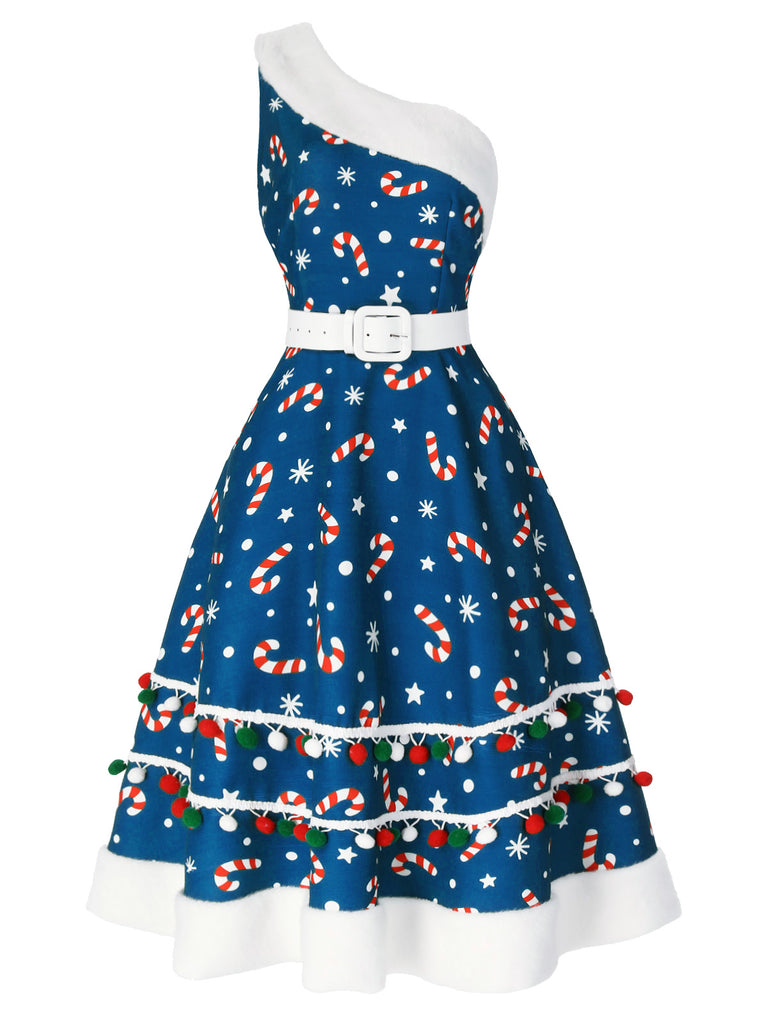 1950s Candy Cane One-Shoulder Dress — a 1950s silhouette that turns sidewalks into runways