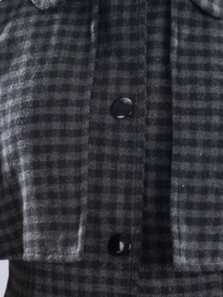 Gray 1950s Halloween Wednesday Plaid Faux-Wool Cape Coat - vintage fashion, retro style
