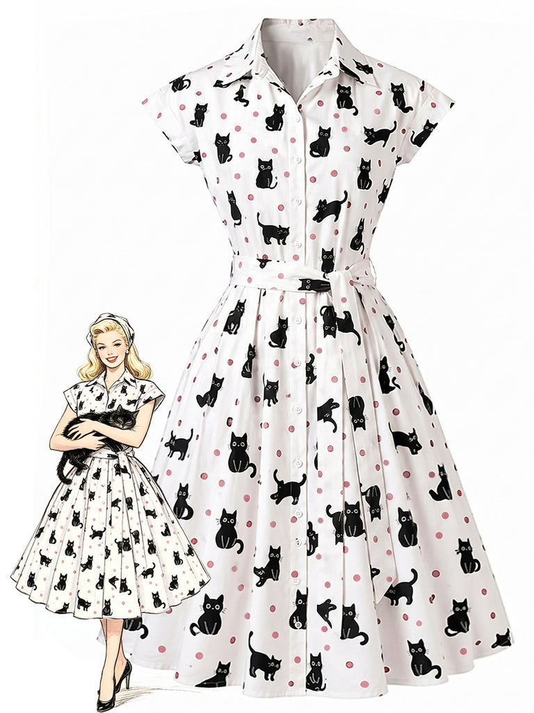 [Pre-Sale] 1950s Cat Polka Dot Belted Shirt Dress, vintage dress, retro fashion, rockabilly, pin-up fashion - perfect for women who love vintage and retro fashion