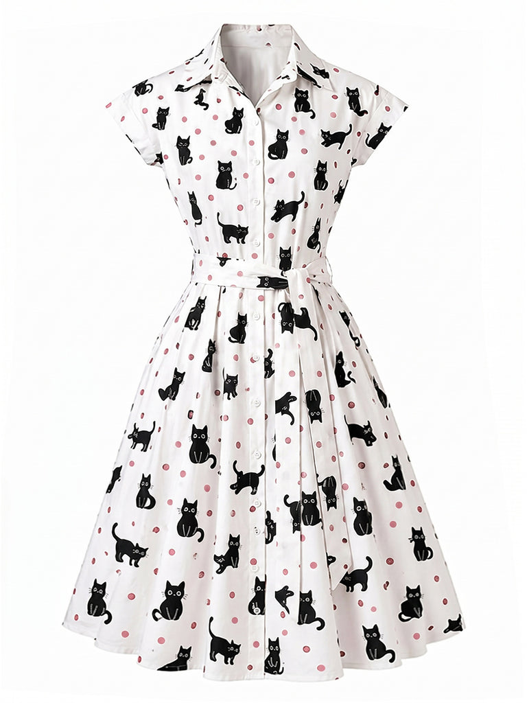 [Pre-Sale] 1950s Cat Polka Dot Belted Shirt Dress, vintage dress, retro fashion, rockabilly, pin-up fashion - perfect for women who love vintage and retro fashion