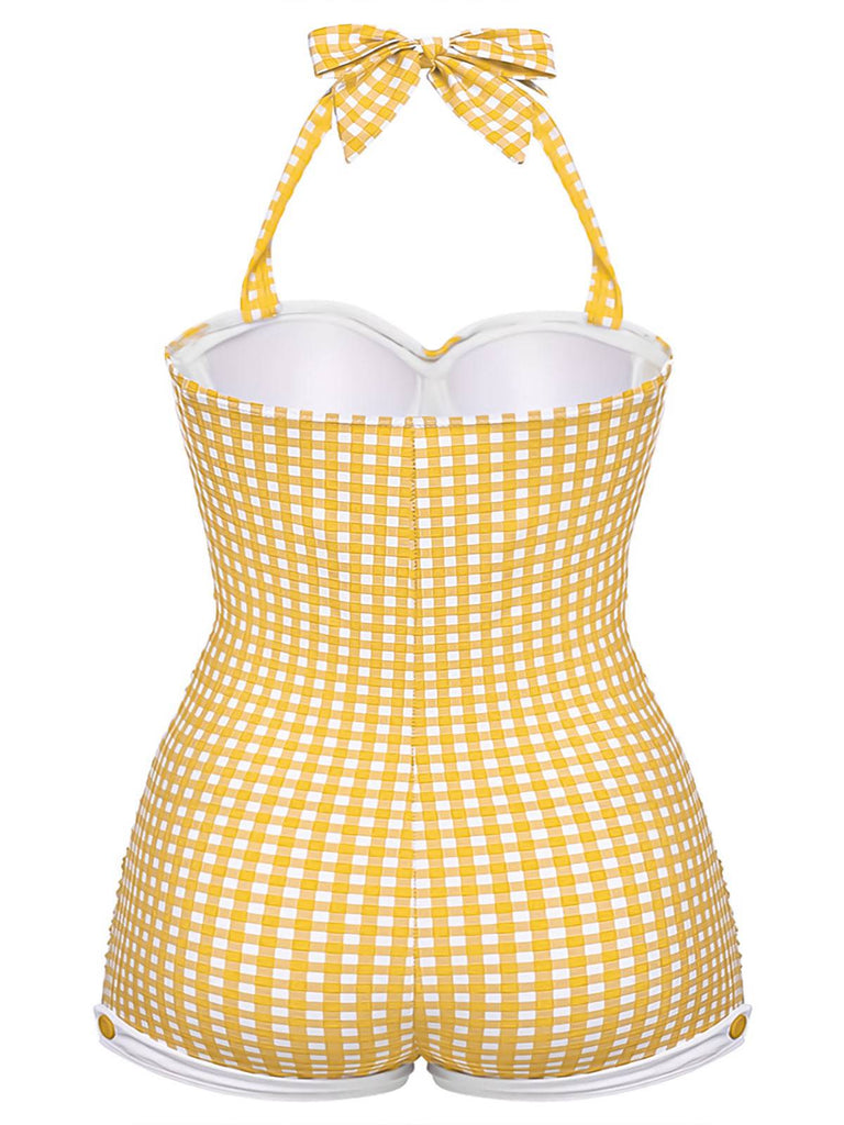 1950s Check Halter Bowknot One-piece Swimsuit: 1950s Riviera elegance, reimagined for her