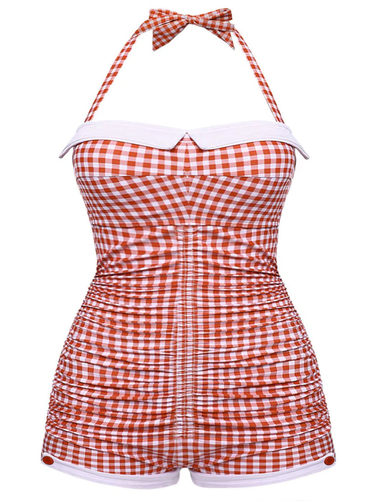 This 1950s Check Halter Bowknot One-piece Swimsuit carries 1950s vacation dreams in every stitch