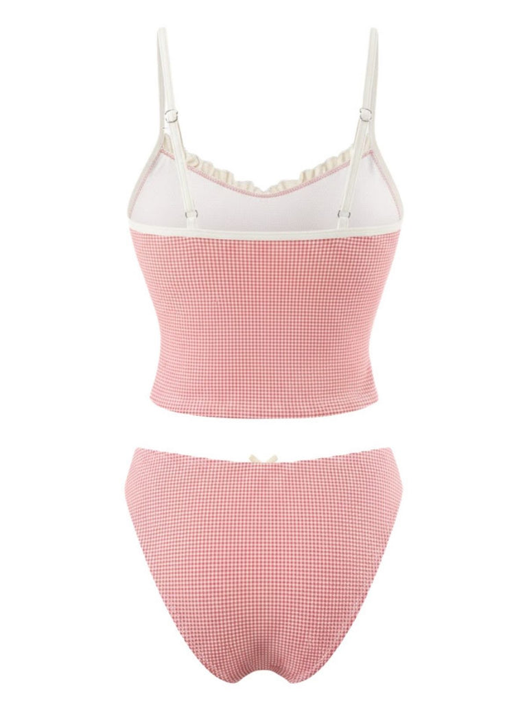 1950s Checkered Lace Trim Tankini Set - vintage fashion, retro style, elegant red