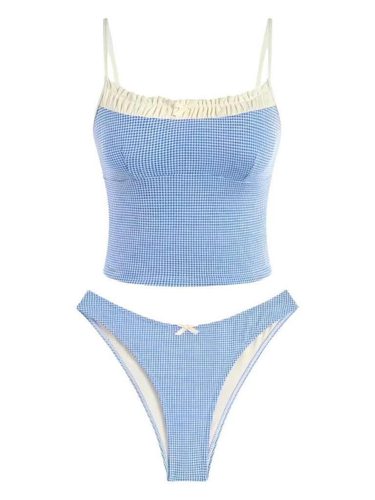 1950s Checkered Lace Trim Tankini Set - vintage fashion, retro style, elegant red