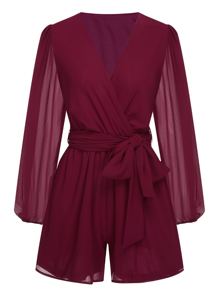 1950s Chiffon Lantern Sleeves Waist Tie Romper, vintage romper, retro jumpsuit - perfect for women who love vintage and retro fashion