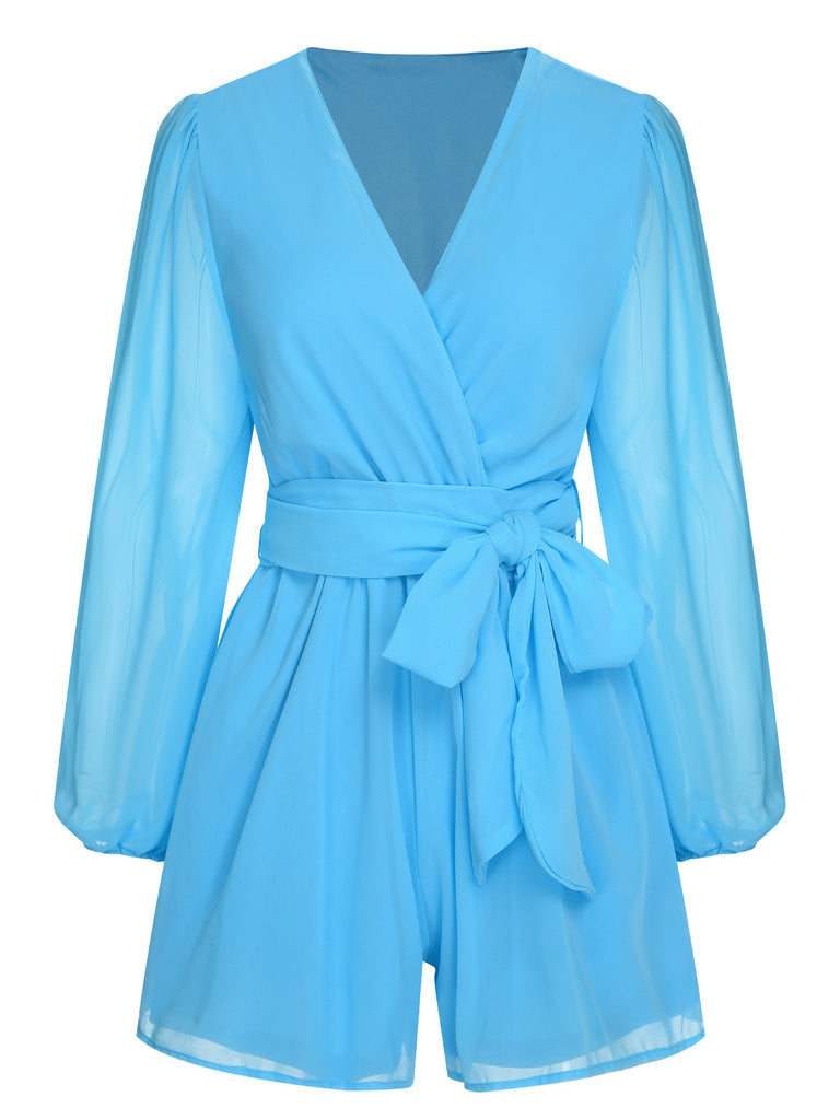 1950s Chiffon Lantern Sleeves Waist Tie Romper, vintage romper, retro jumpsuit - perfect for women who love vintage and retro fashion