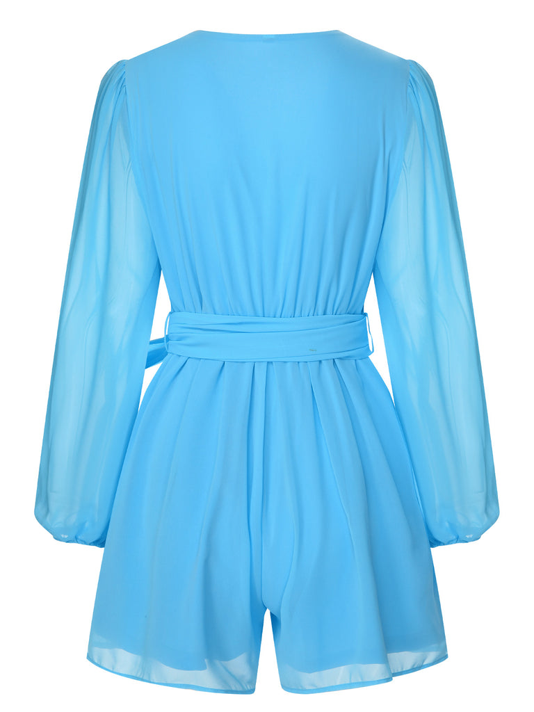 1950s Chiffon Lantern Sleeves Waist Tie Romper, vintage romper, retro jumpsuit, playful style, women, elegant