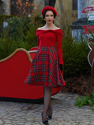 1950s Christmas Off Shoulder Tartan Dress - vintage dress, retro fashion, rockabilly