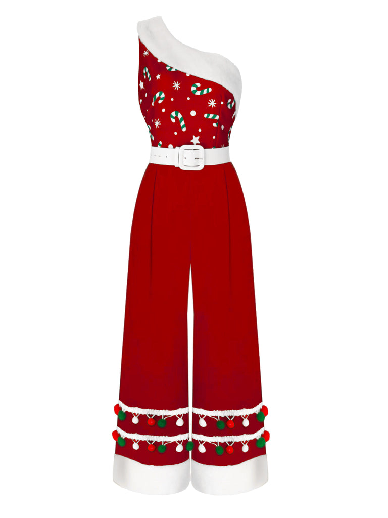 1950s Christmas One Shoulder Fur Ball Belted Jumpsuit — the 1950s finishing touch that makes her outfit sing