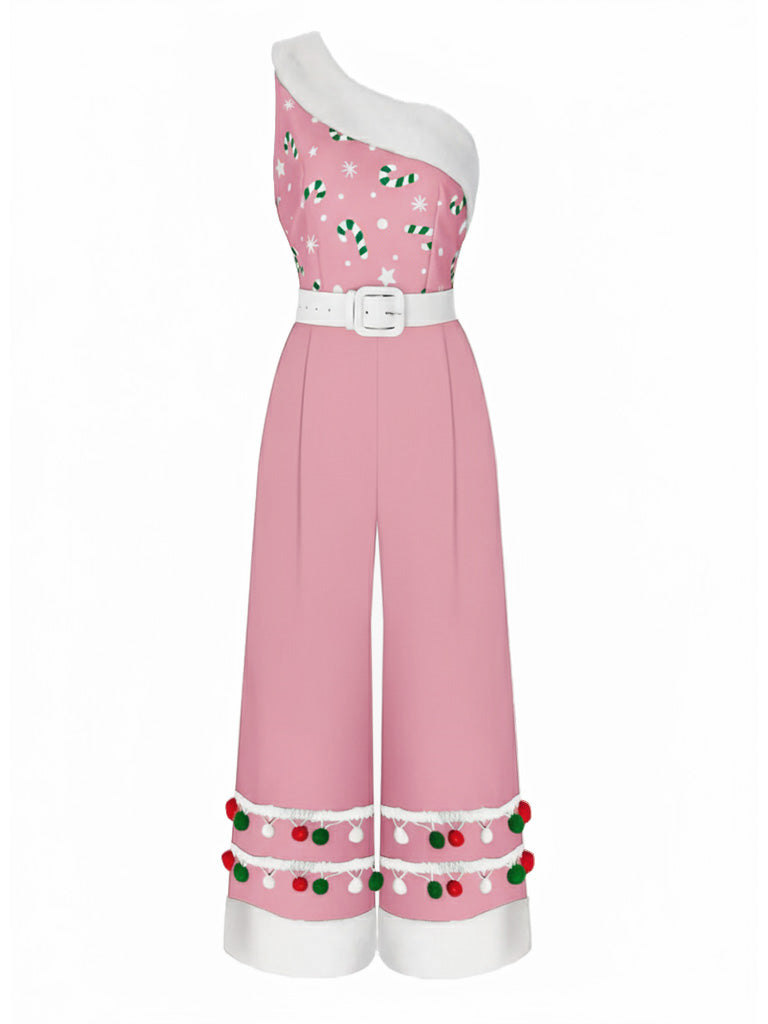She adds this 1950s Christmas One Shoulder Fur Ball Belted Jumpsuit and suddenly it's 1950s perfection