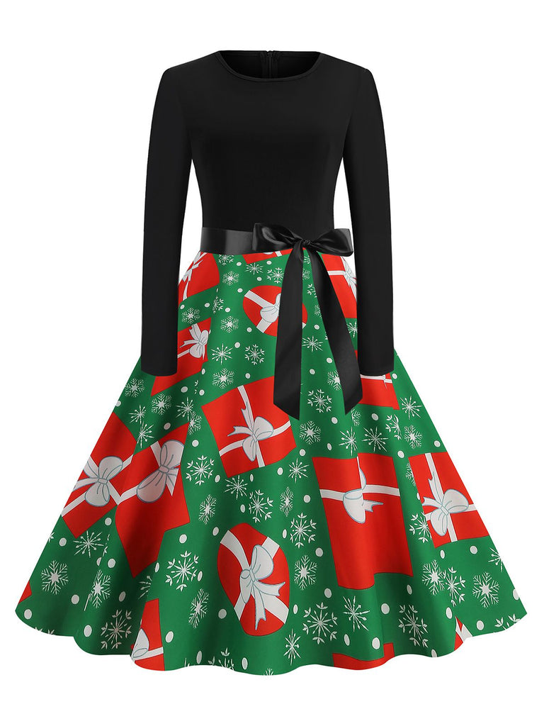 1950s Christmas Patchwork Long Sleeve Dress — a 1950s silhouette that turns sidewalks into runways