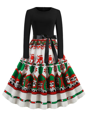 She slips into this 1950s Christmas Patchwork Swing Dress and suddenly it's a 1950s daydream