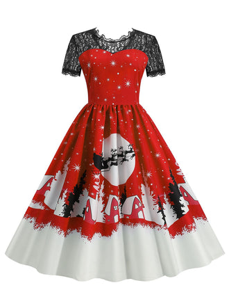She slips into this 1950s Christmas Print Lace Swing Dress and suddenly it's a 1950s daydream