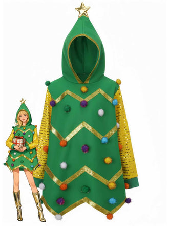 1950s Christmas Tree Hoodie With Colorful Pom Poms - vintage fashion, retro style